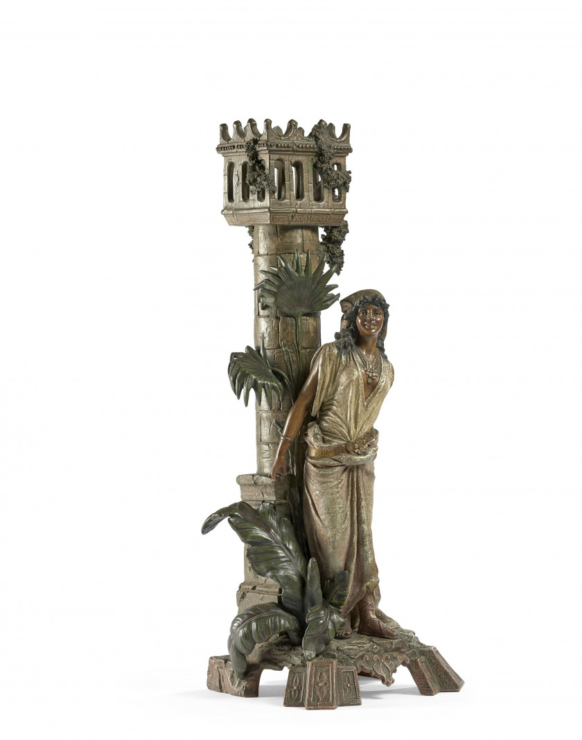 Anonyme XIX-XXe siècle Femme à la tourelle Épreuve en terre cuite polychrome