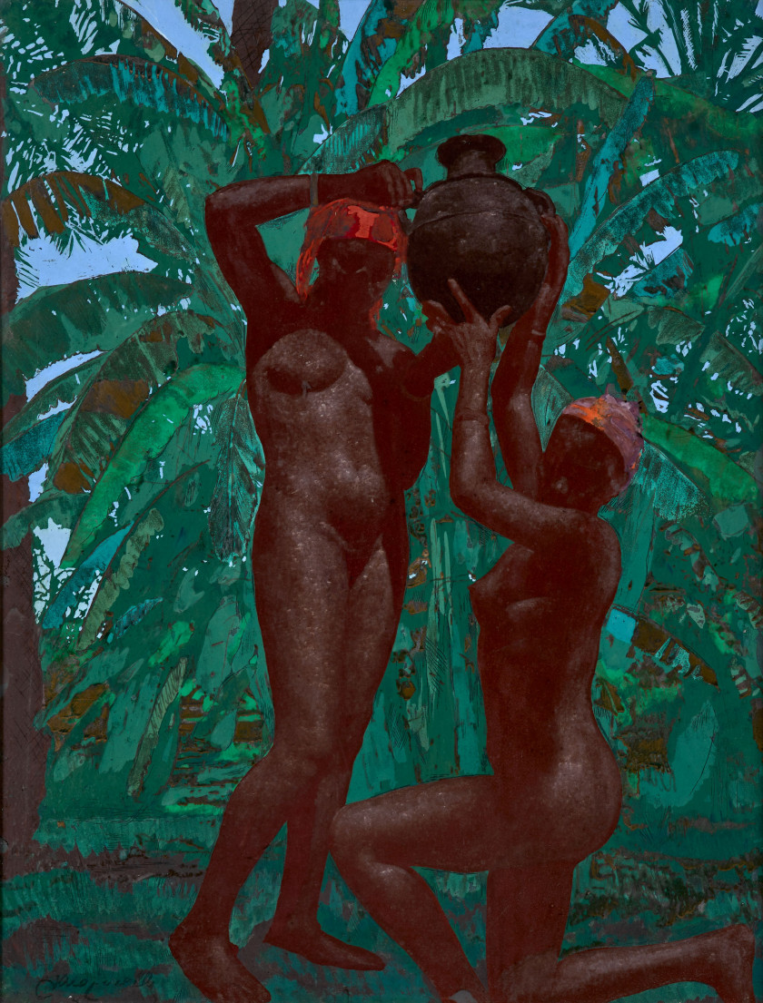 Jacques MAJORELLE 1886-1962 Porteuses d'eau, circa 1933-1934 Détrempe sur mica posé sur une feuille de papier noir, technique mixte...