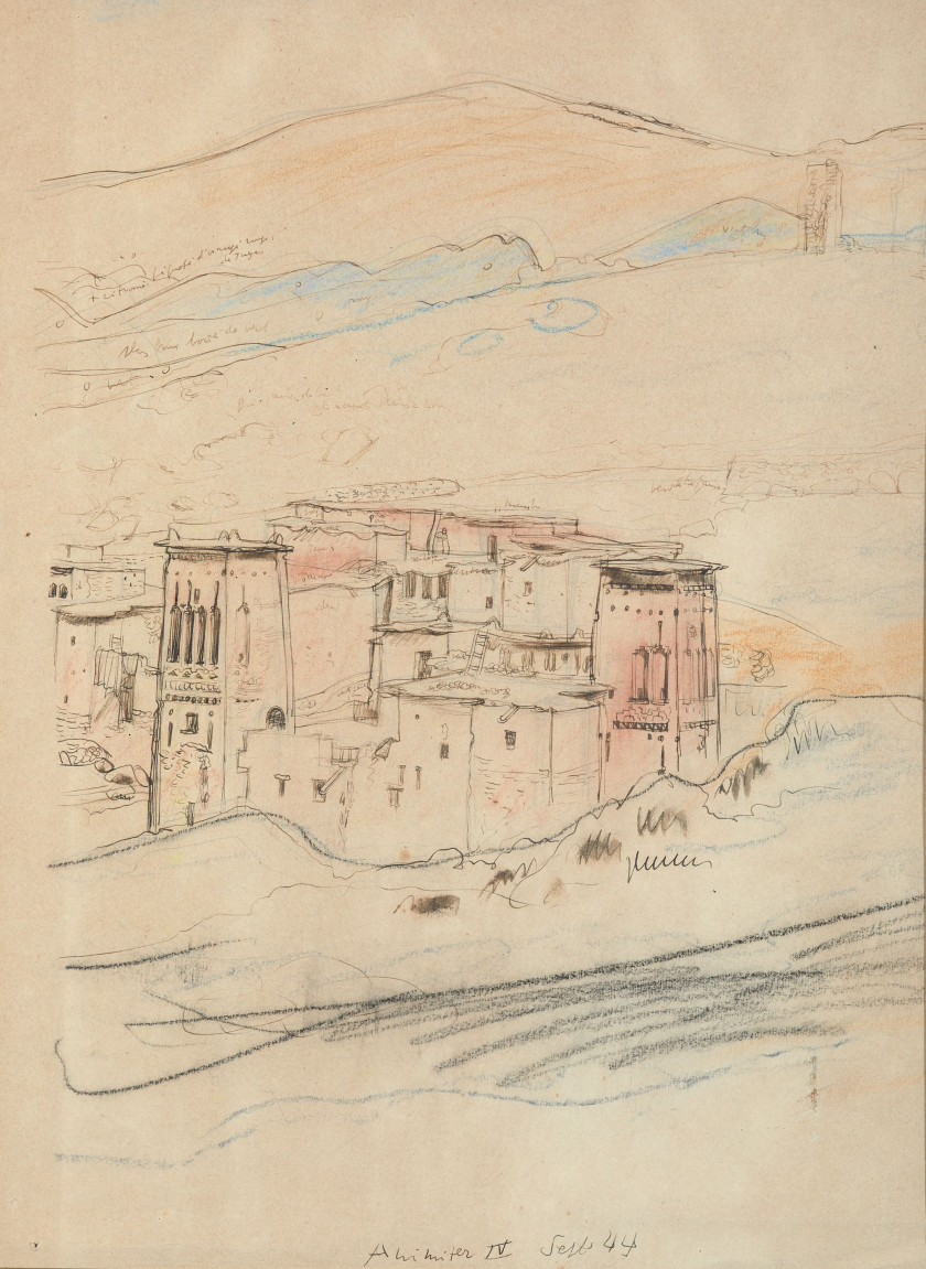 Edy LEGRAND 1892-1970 Kasbah d'Anemiter, 1944 Plume et crayons de couleurs sur papier