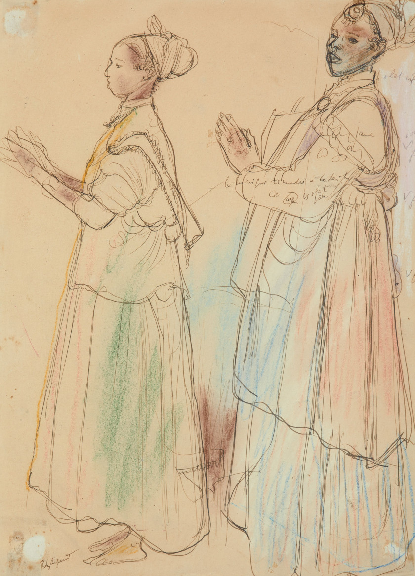 Edy LEGRAND 1892-1970 Danseuses à Telouët Plume et crayons de couleurs sur papier