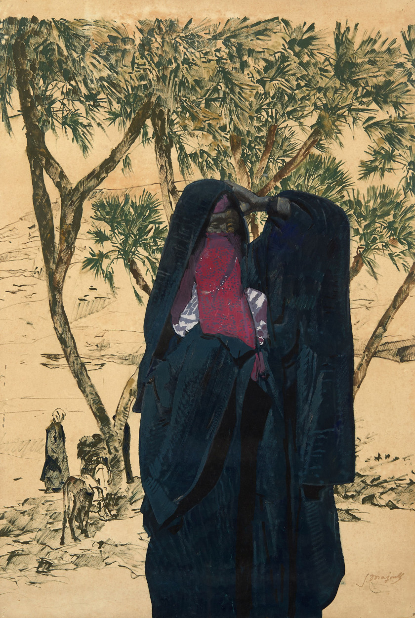 Jacques MAJORELLE 1886-1962 Femme en djellabah noire Technique mixte sur papier à rehauts de poudre metallique or