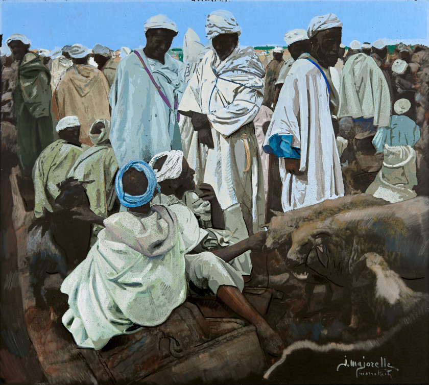 Jacques MAJORELLE 1886-1962 Le Souk aux moutons, Marrakech, circa 1940-1945 Technique mixte sur papier à rehauts de poudre métalliqu...