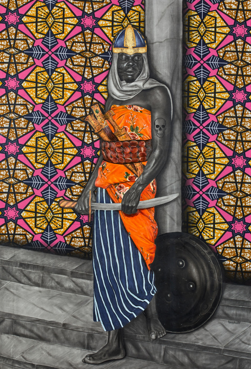 Olamilekan ABATAN Né en 1997 - Nigéria The sultan's guard, 2022 Acrylique, fusain, pastel et collages de tissus wax et feuilles d'or.