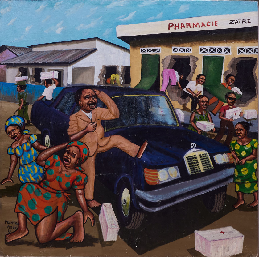 MOKÉ (Monsengwo Kejwamfi dit) 1950-2001 - République Démocratique du Congo Pillage à Kinshasa, 1992 Huile sur toile