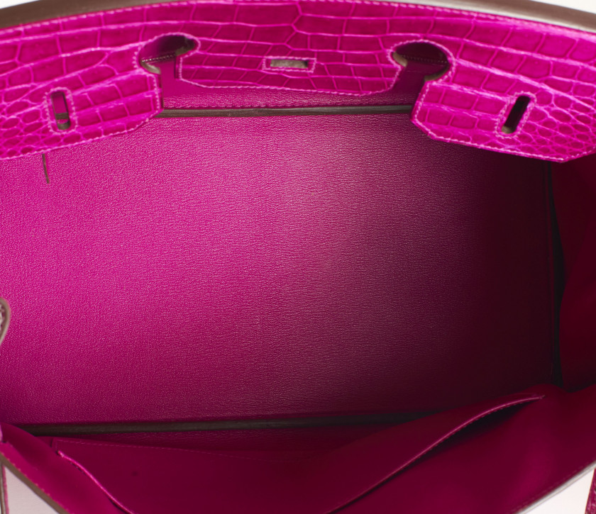 HERMÈS 2014  Sac BIRKIN 35 Crocodile d'estuaire lisse Rose Sheherazade (Crocodylus porosus) II/B Garniture métal argenté r...