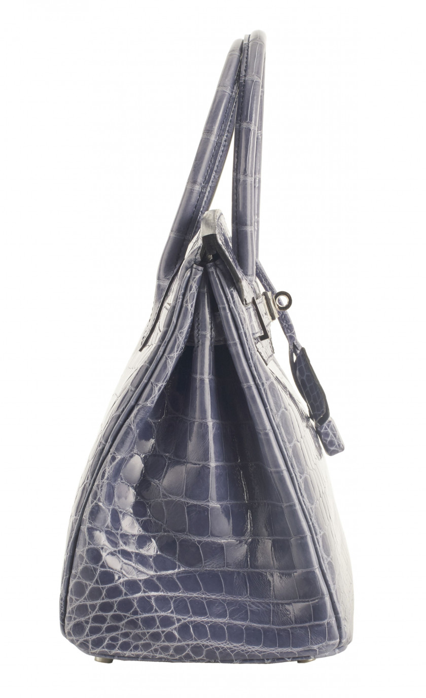 HERMÈS 2010  Sac BIRKIN 30 Crocodile du Nil lisse Bleu Brighton (Crocodylus niloticus) II/B Garniture métal argenté pallad...