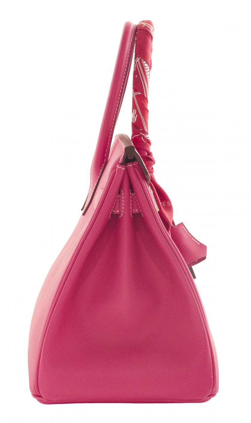HERMÈS Édition Candy 2013  Sac BIRKIN 30 Veau Epsom Rose Tyrien Piqué sellier blanc Garniture métal argenté palladiéR...