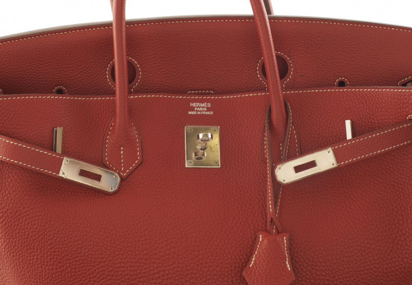 HERMÈS 2011  Sac BIRKIN 40 Veau Togo Sanguine Piqué sellier blanc Garniture métal argenté palladié  BIRKIN 40 bag ...