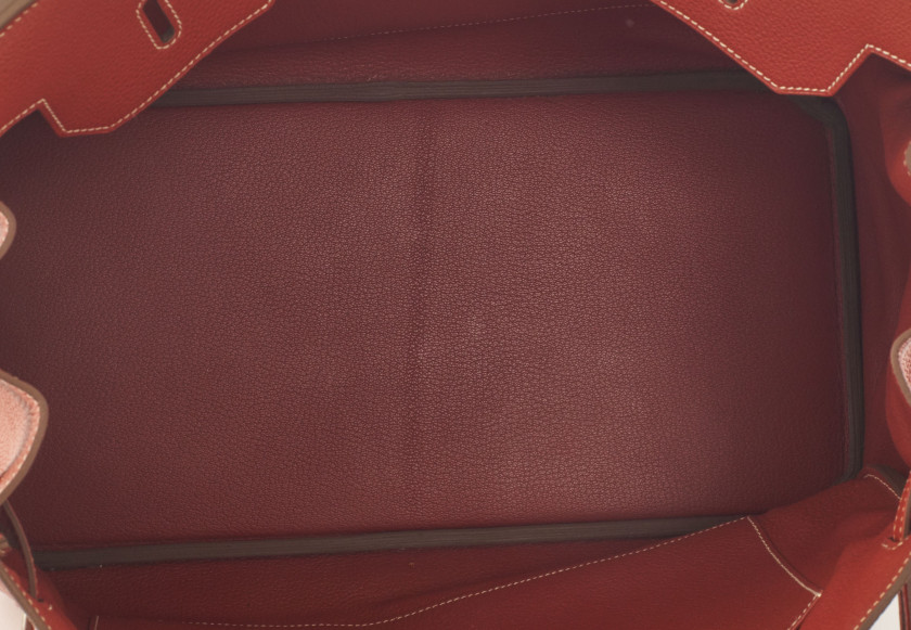 HERMÈS 2011  Sac BIRKIN 40 Veau Togo Sanguine Piqué sellier blanc Garniture métal argenté palladié  BIRKIN 40 bag ...