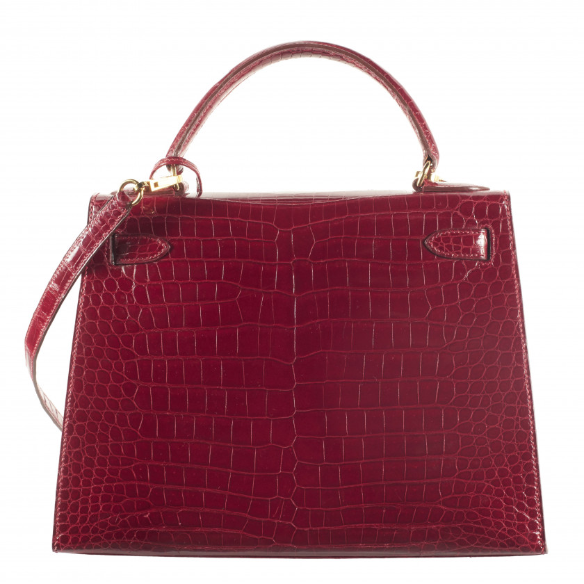 HERMÈS 1993  Sac KELLY Sellier 28 Crocodile d'estuaire lisse Braise (Crocodylus porosus) II/B Garniture métal plaqué or ...