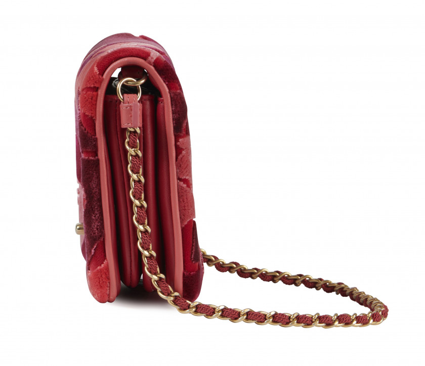 CHANEL Pre-fall 2017  Sac à rabat Velours rouge, rose et bordeaux figurant des camélias Cuir rose Anse chaîne entrelacée...