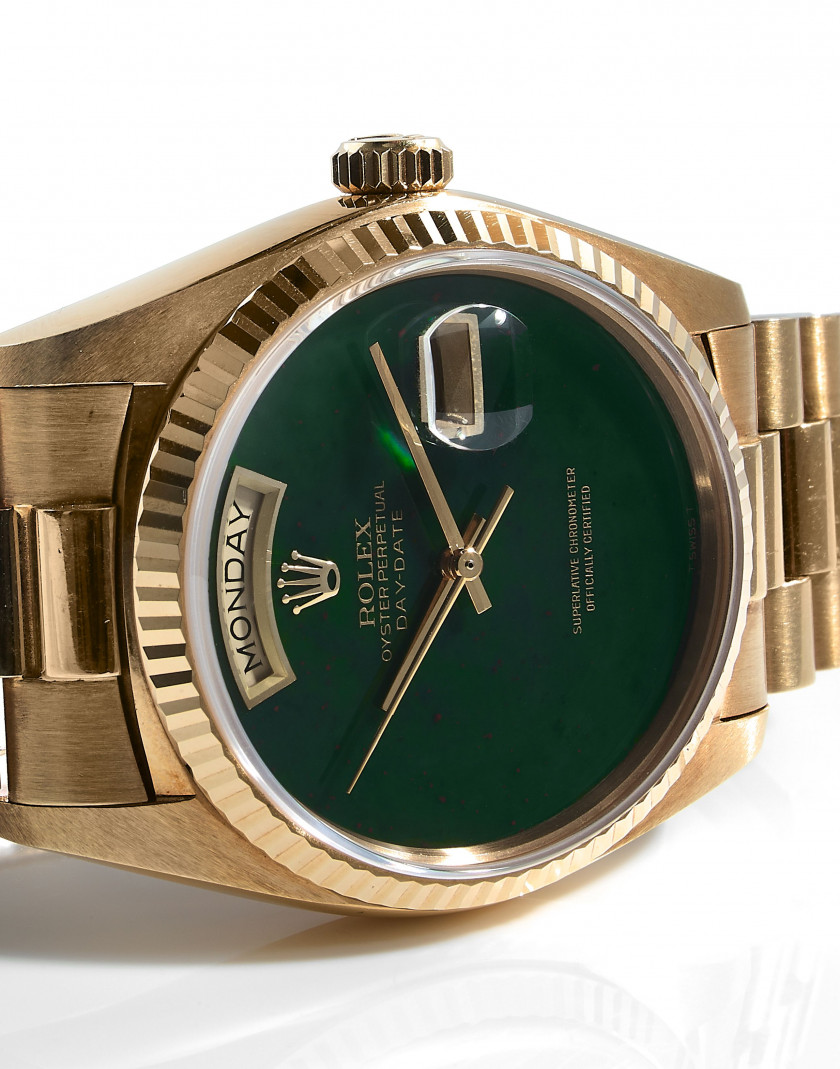 ROLEX revendue par la maison Chaumet Day-Date "Green bloodstone jasper dial", réf. 18038, n° 5600115 Vers 1978