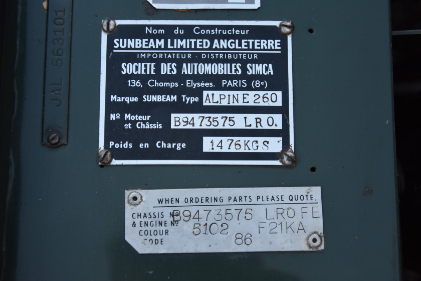 1967 Sunbeam Alpine Tiger V8 260 MK I avec hard-top  No reserve