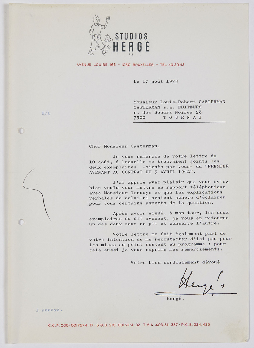 LETTRE DE HERGÉ A LOUIS-ROBERT CASTERMAN