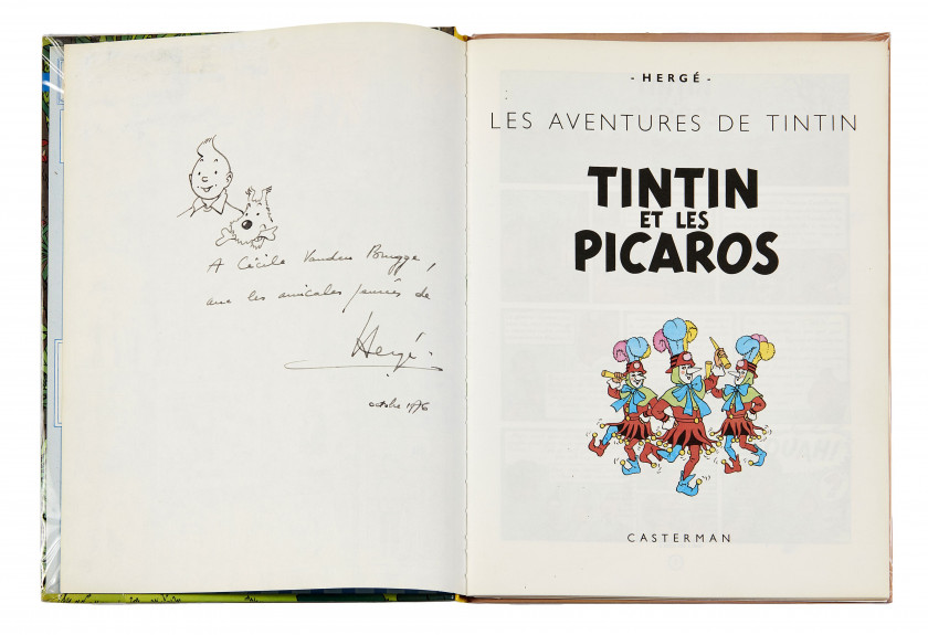 TINTIN N°23 Tintin et les Picaros Casterman, 1975-1976, DJ imprimé, 4e plat C1, pages de garde bleu clair. Enrichi d’un dessin d...