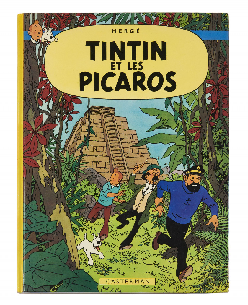 TINTIN N°23 Tintin et les Picaros Casterman, 1975-1976, DJ imprimé, 4e plat C1, pages de garde bleu clair. Enrichi d’un dessin d...