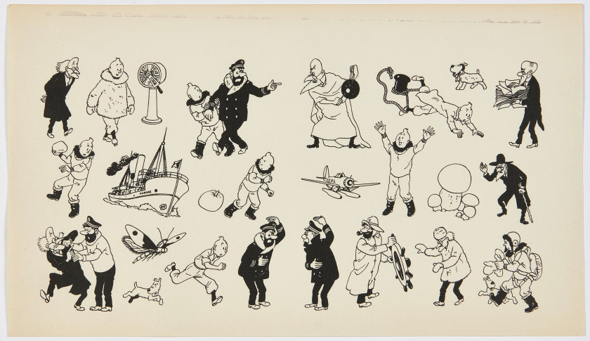 STUDIOS HERGÉ Modelsheets Cinq «modelsheets» sans doute imprimées pour les collaborateurs des Studios Hergé et ayant servi pour...