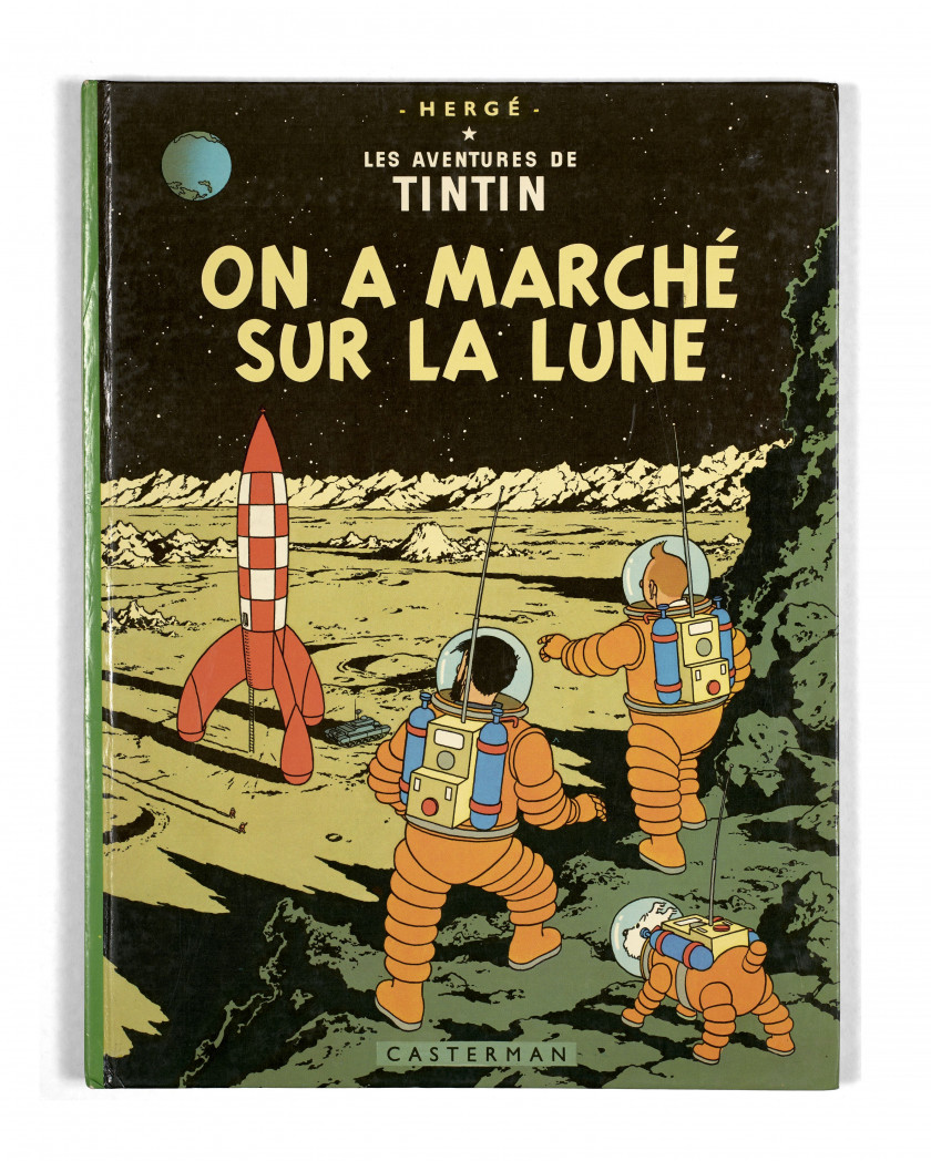 TINTIN N°17 On a marché sur la Lune Buzz Aldrin Casterman, 1975. DV, 4e plat B42, pages de garde bleu clair. Album dédicacé pa...