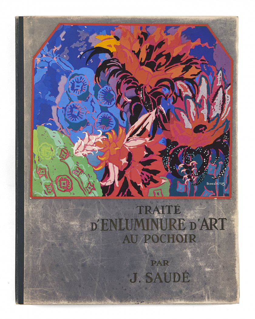 SAUDÉ (Jean) Traité d'enluminure d'art au pochoir. Paris, Éditions de l'Ibis, 1925. In-4 (32,5 x 25 cm), en ff.,...