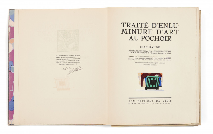 SAUDÉ (Jean) Traité d'enluminure d'art au pochoir. Paris, Éditions de l'Ibis, 1925. In-4 (32,5 x 25 cm), en ff.,...