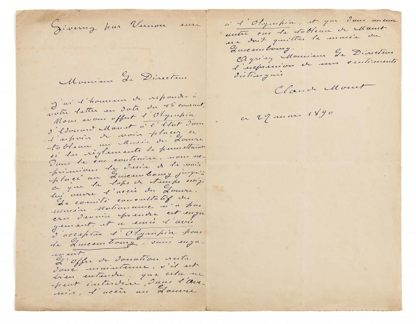 [MONET (Claude) & MANET (Édouard)] Fort ensemble de 15 documents de ou adressés à Monet, consacrés à la donation de l'/...