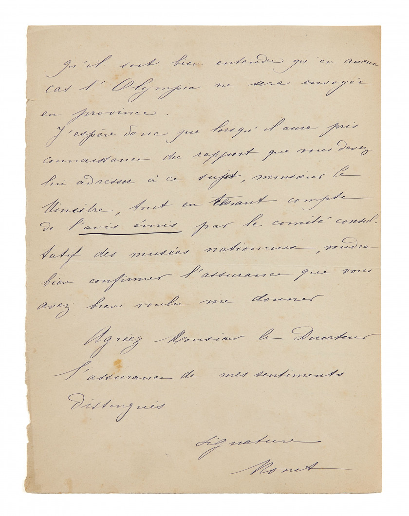 [MONET (Claude) & MANET (Édouard)] Fort ensemble de 15 documents de ou adressés à Monet, consacrés à la donation de l'/...