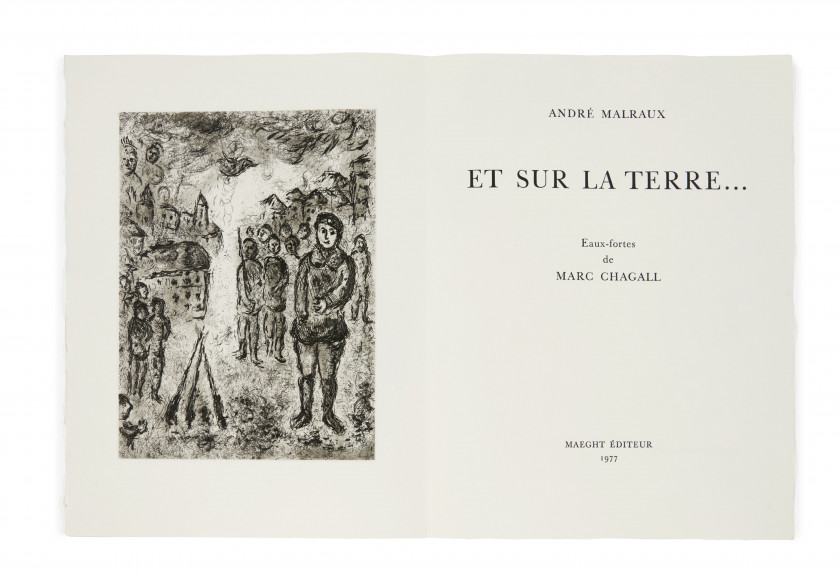 [CHAGALL].- MALRAUX (André) Et sur la terre… Paris, Maeght éditeur, 1977. In-folio (43,7 x 33,1 cm), en ff., cou...