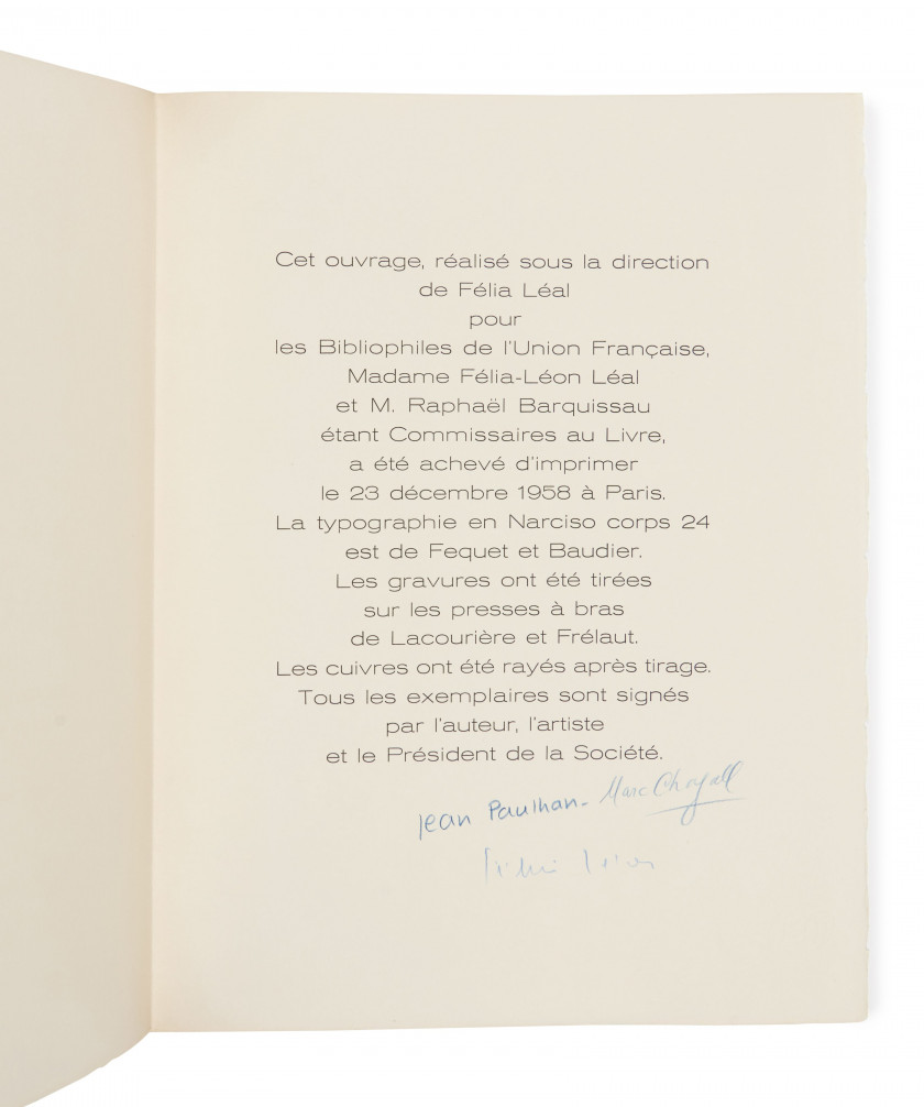 [CHAGALL].- PAULHAN (Jean) De mauvais sujets. Paris, Bibliophiles de l'Union française, 1958. In-folio (43,5 x 3...