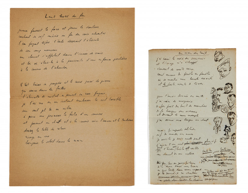 TZARA (Tristan)  (1896-1963), écrivain dada. Ensemble de 2 beaux poèmes autographes dont un illustré de sa main.R...
