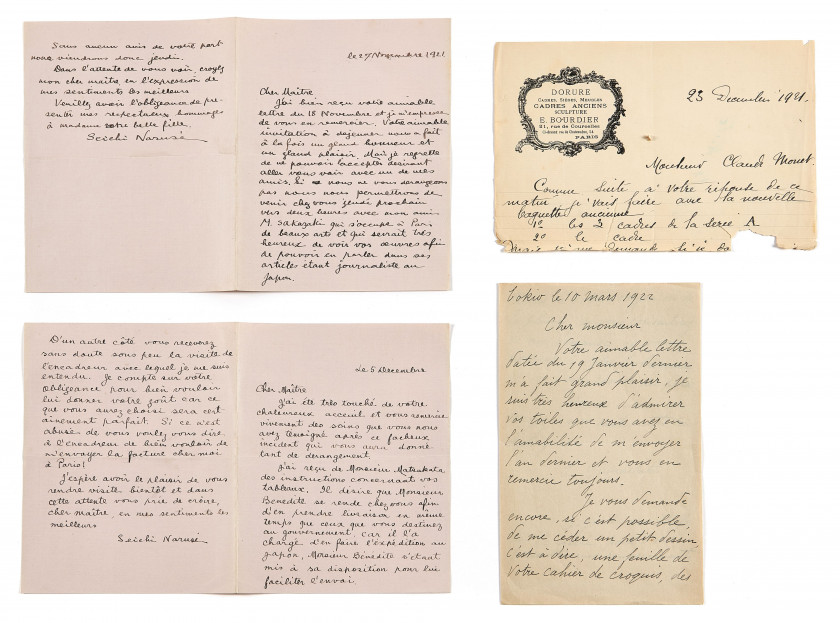 [JAPON].-MONET (Claude) Ensemble de 3 lettres adressées à Claude Monet, par ou pour des collectionneurs japonais. ...