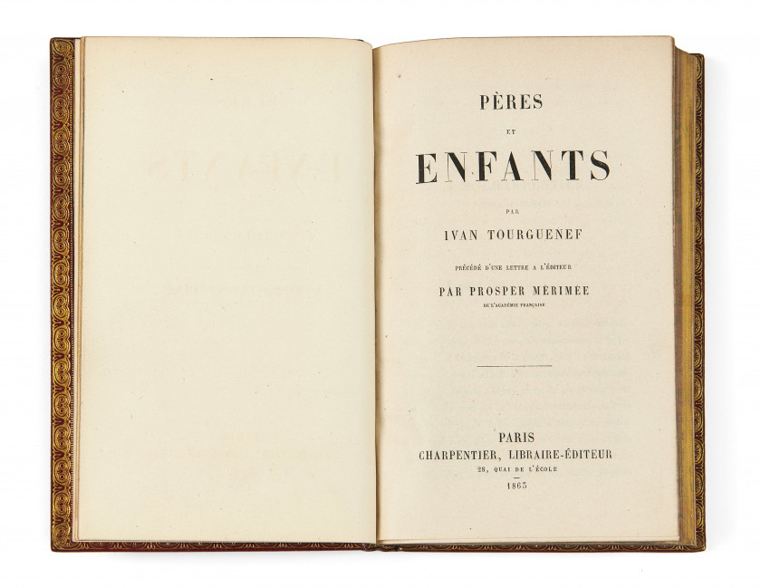 TOURGUENIEV (Ivan) Pères et enfants. Paris, Charpentier, 1863. In-12 (18 x 11 cm), maroquin rouge, encadrement d...