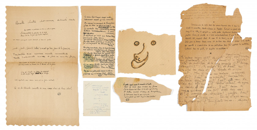 HUGNET (Georges) Belle réunion de fragments de textes et de dessins originaux de Georges Hugnet. 7 poèmes, ou frag...
