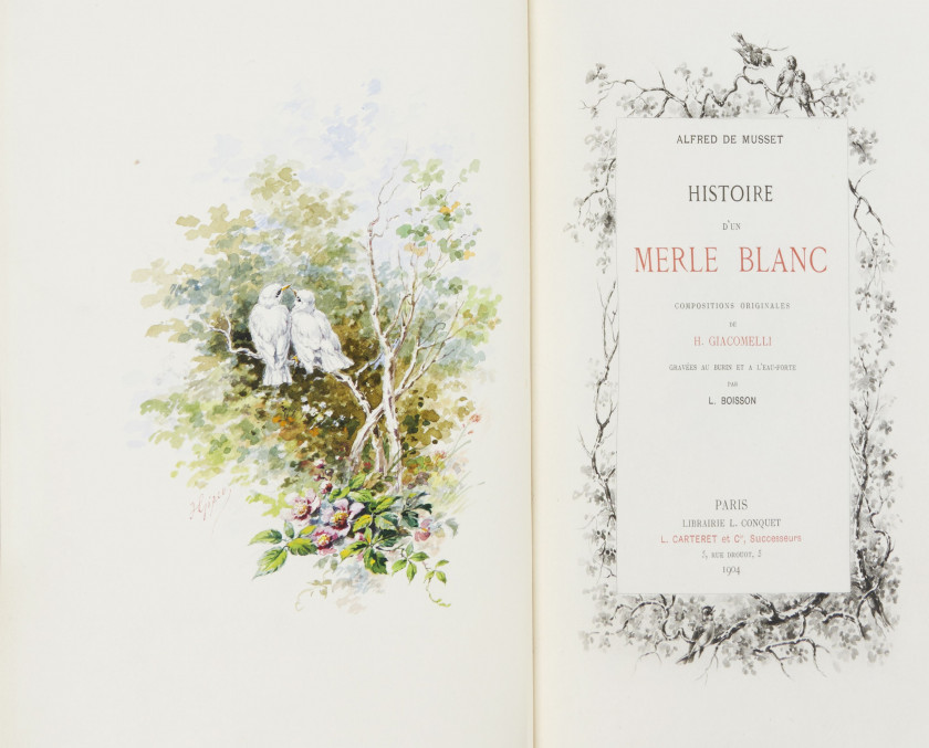 [GIACOMELLI].- MUSSET (Alfred de) Histoire d'un merle blanc. Paris, Librairie L. Conquet, L. Carteret et Cie, succ...