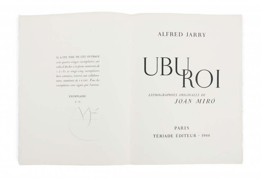 [MIRÓ].- JARRY (Alfred) Ubu roi. Paris, Tériade, 1966. In-folio (42,2 x 32,5 cm), en ff.  Édition ornée de 1...