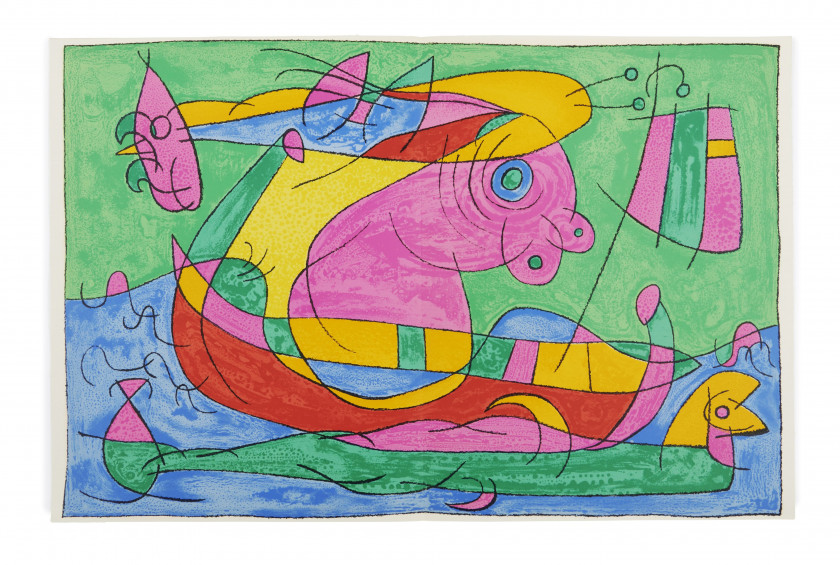 [MIRÓ].- JARRY (Alfred) Ubu roi. Paris, Tériade, 1966. In-folio (42,2 x 32,5 cm), en ff.  Édition ornée de 1...