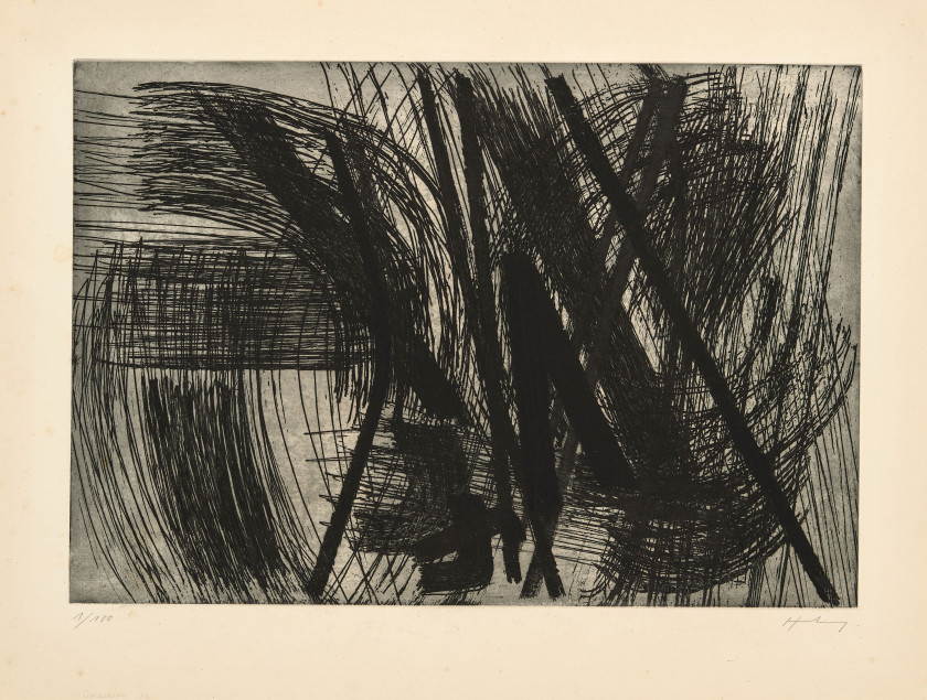 Hans HARTUNG (1904 - 1989) Gravure 10 - 1953 Eau-forte en bleu gris et noir