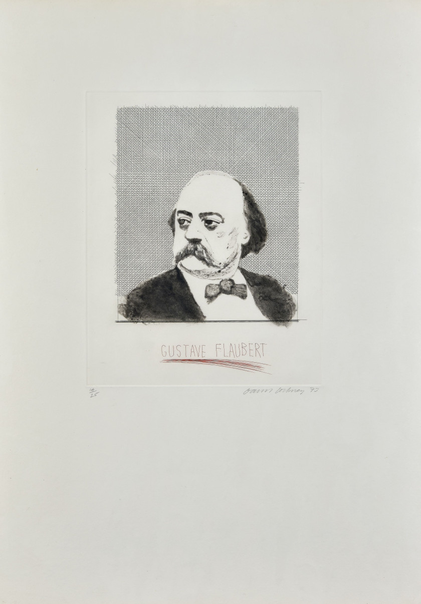 David HOCKNEY (Né en 1937) George Sand / Gustave Flaubert - 1973 2 eaux-fortes et aquatintes en noir, les noms des auteurs gravés en...