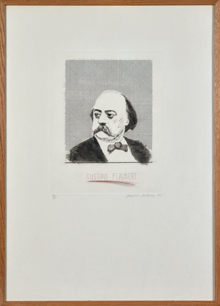 David HOCKNEY (Né en 1937) George Sand / Gustave Flaubert - 1973 2 eaux-fortes et aquatintes en noir, les noms des auteurs gravés en...