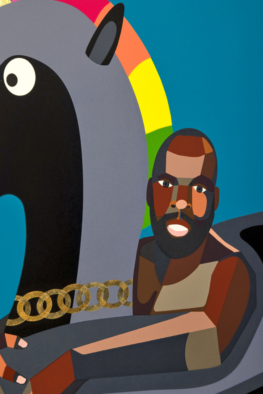 Derrick ADAMS (Né en 1970) Self portrait on float - 2019 Gravure sur bois, feuilles d'or et collages sur Rives BFK