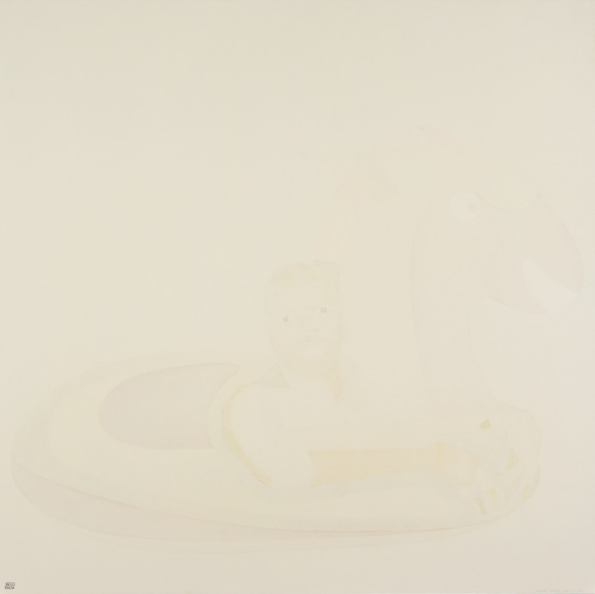 Derrick ADAMS (Né en 1970) Self portrait on float - 2019 Gravure sur bois, feuilles d'or et collages sur Rives BFK