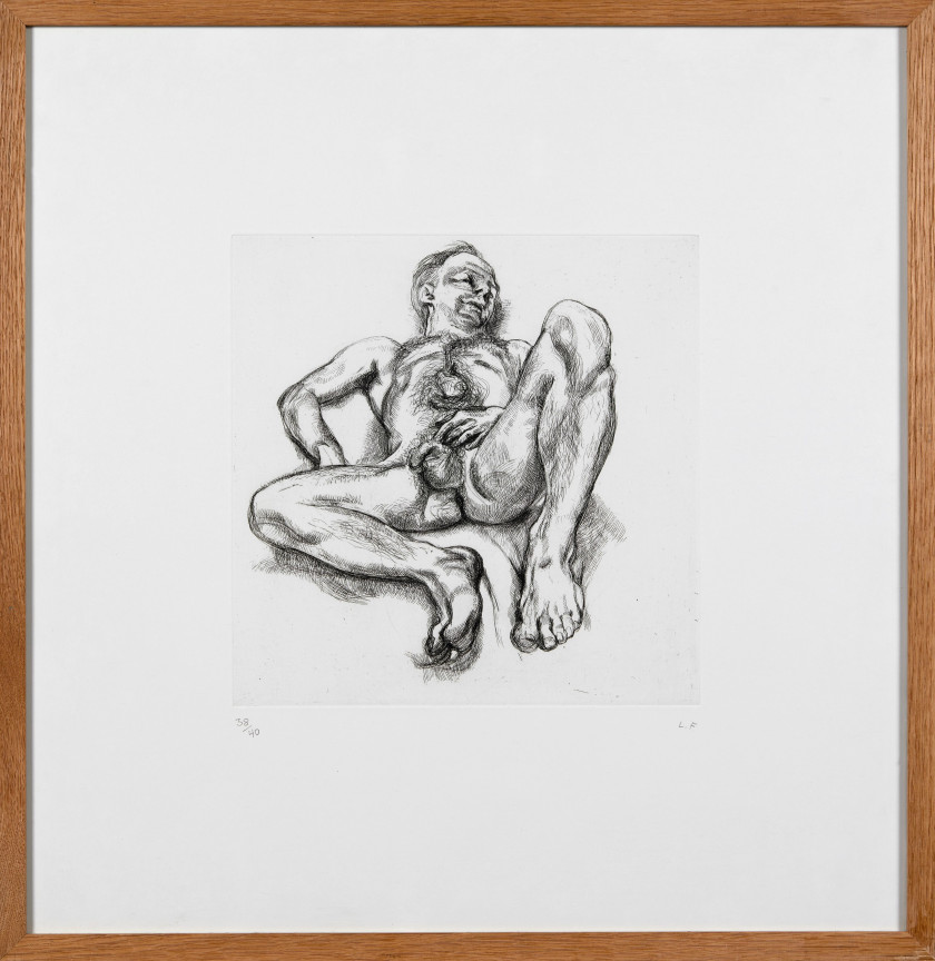 Lucian FREUD (1922 - 2011) Naked man on a bed - 1990 Eau-forte sur papier Satin Somerset
