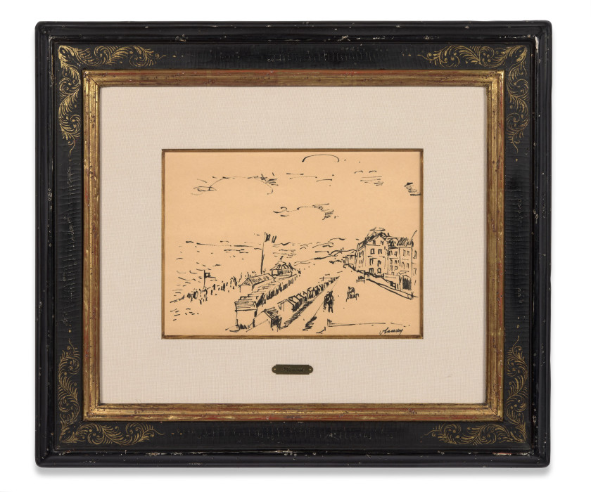 Maurice de VLAMINCK 1876 - 1958 Place normande, la promenade et les cabines de bains Encre de Chine sur papier