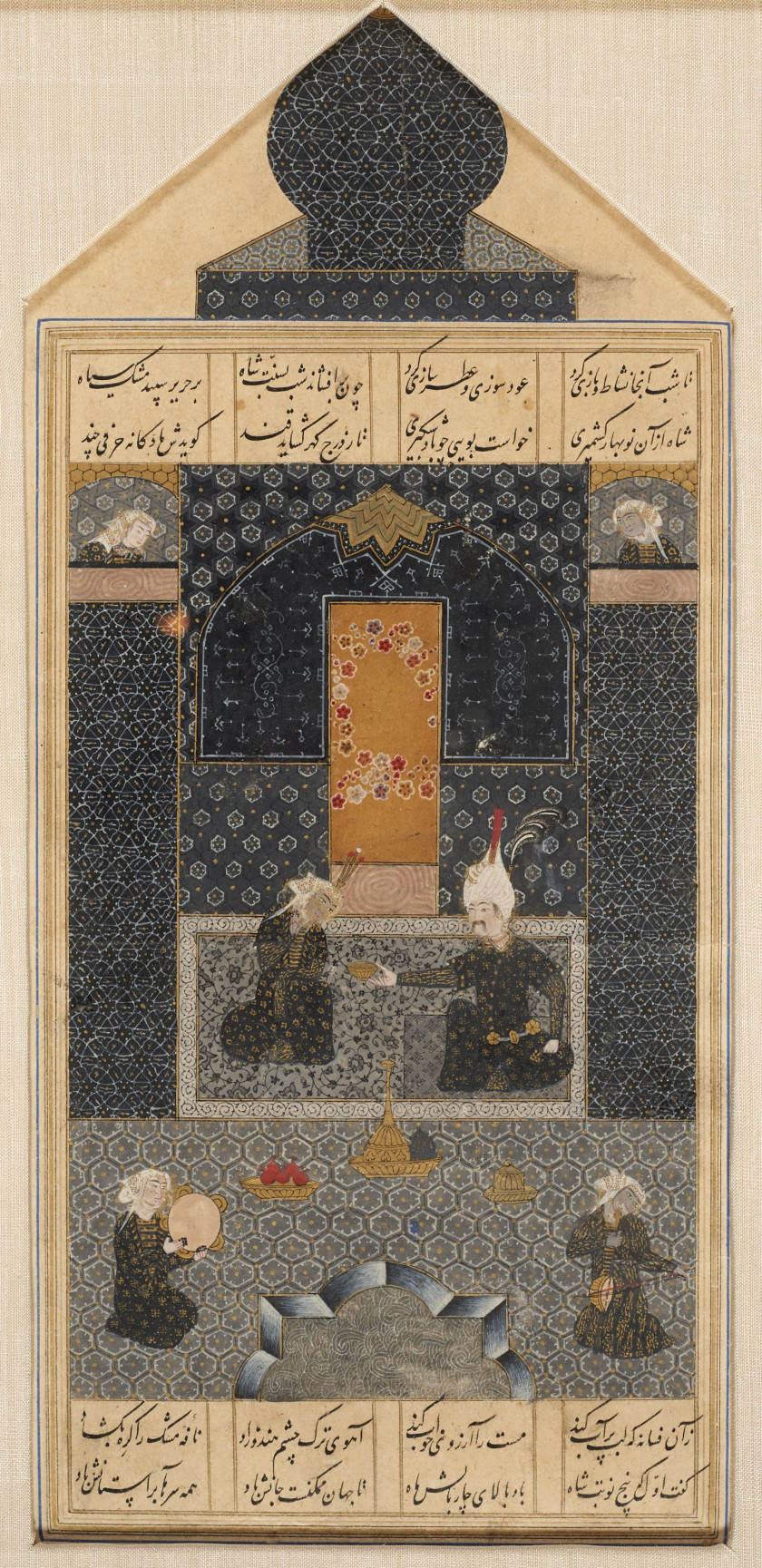 QUATRE FEUILLETS ILLUSTRÉS DU HAFT PAYKAR DE NIZAMI (M. 1209) REPRÉSENTANT LES VISITES DE BAHRAM GUR  Shiraz, Iran safavide, premièr...