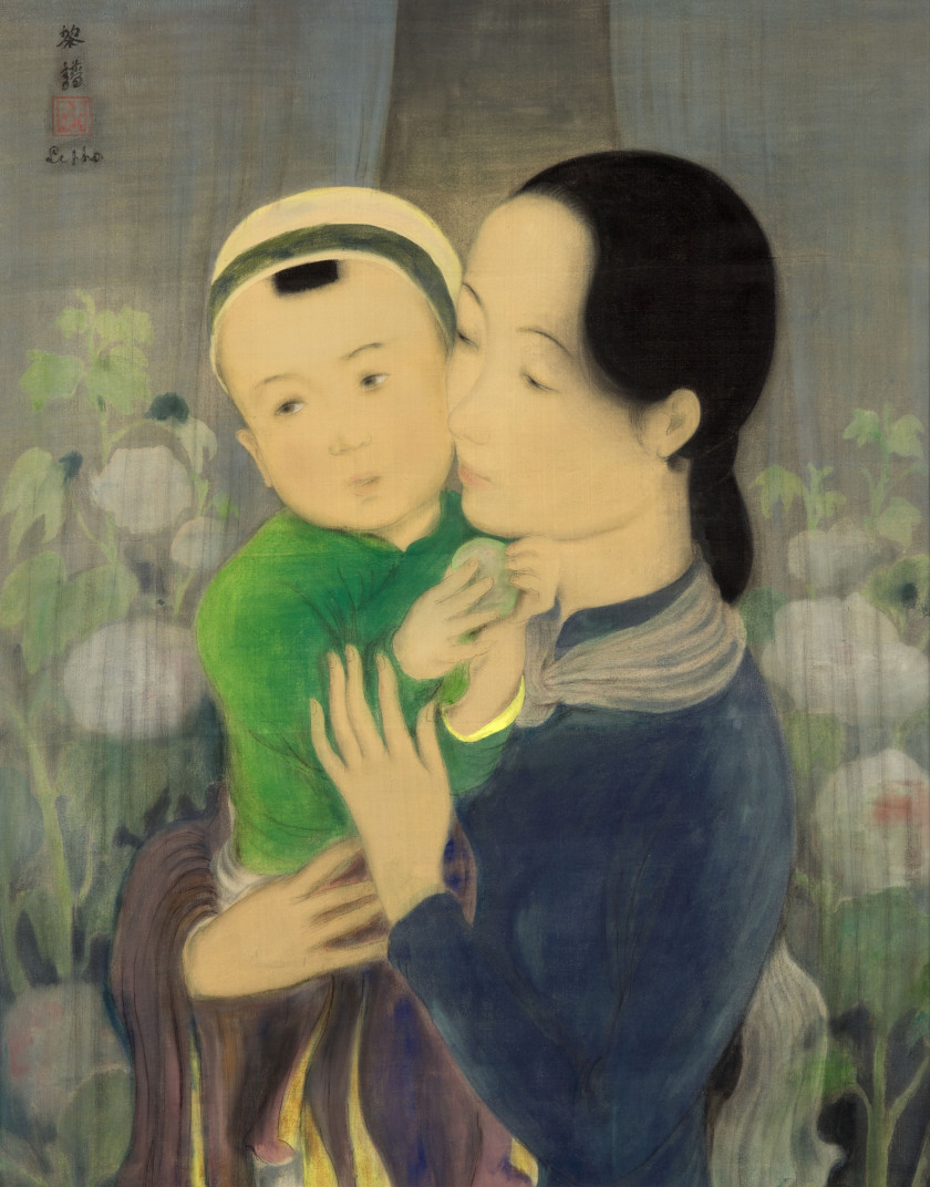 LE PHO 1907 - 2001 Mère et enfant, fond fleurs Gouache et encre sur soie