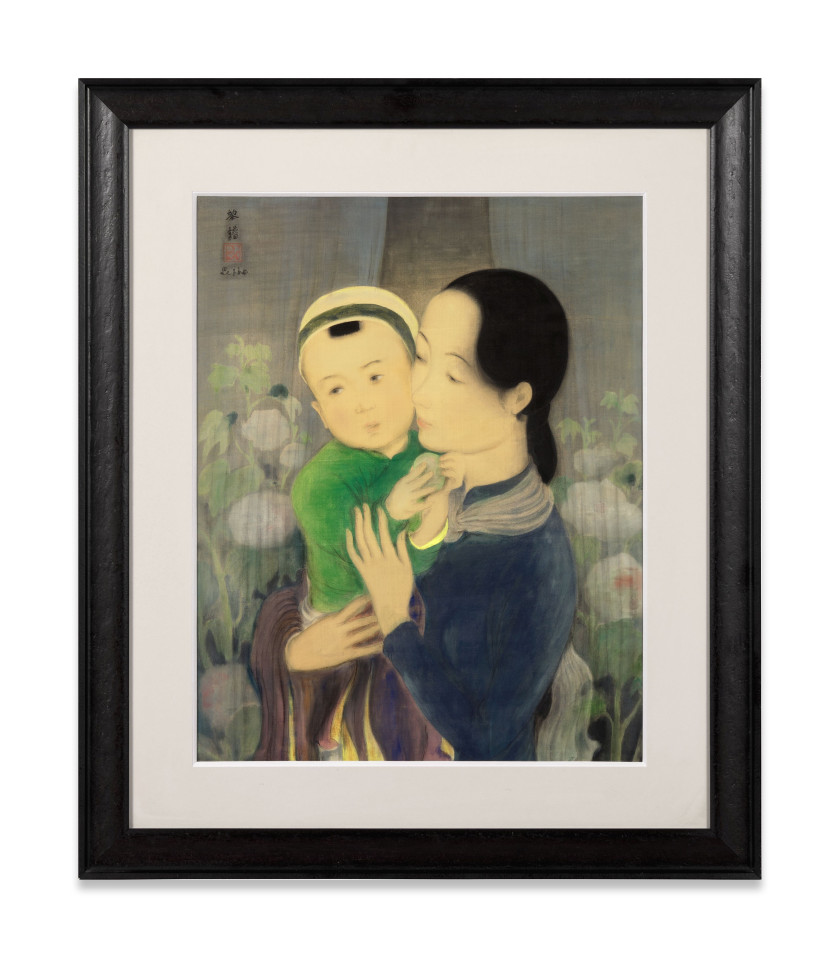 LE PHO 1907 - 2001 Mère et enfant, fond fleurs Gouache et encre sur soie