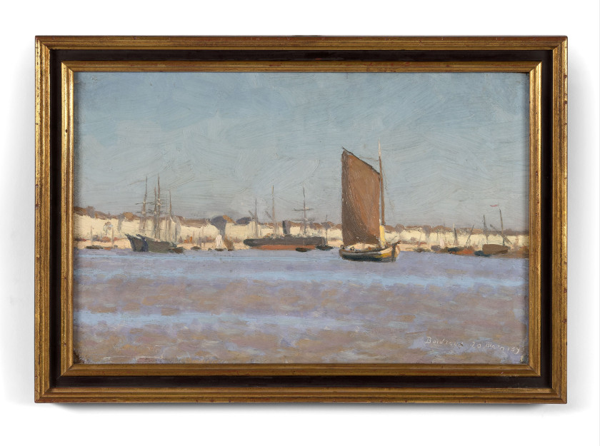 Charles LACOSTE 1870 - 1959 Port, navires et immeubles - mars 1893 Huile sur carton