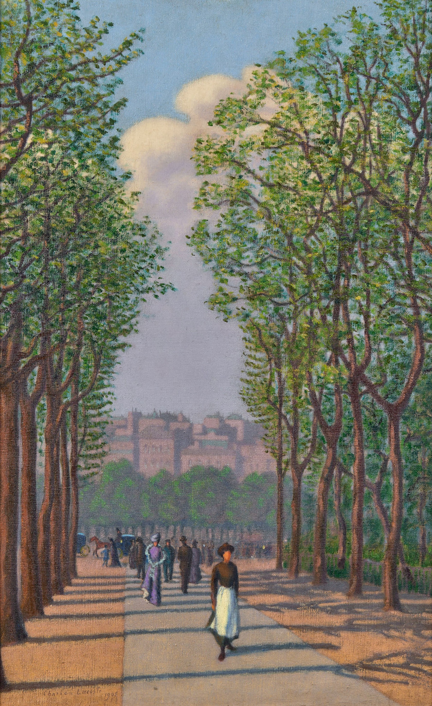 Charles LACOSTE 1870 - 1959 Allée de jardin public et promeneurs - 1905 Huile sur toile