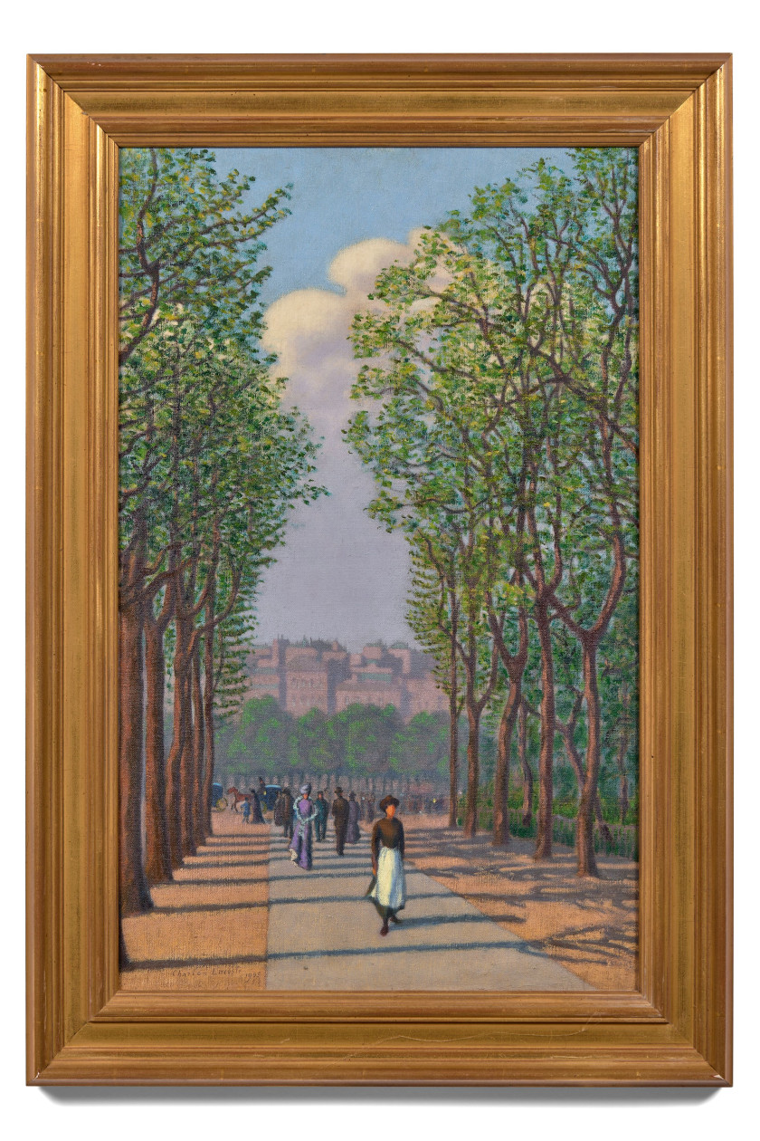 Charles LACOSTE 1870 - 1959 Allée de jardin public et promeneurs - 1905 Huile sur toile