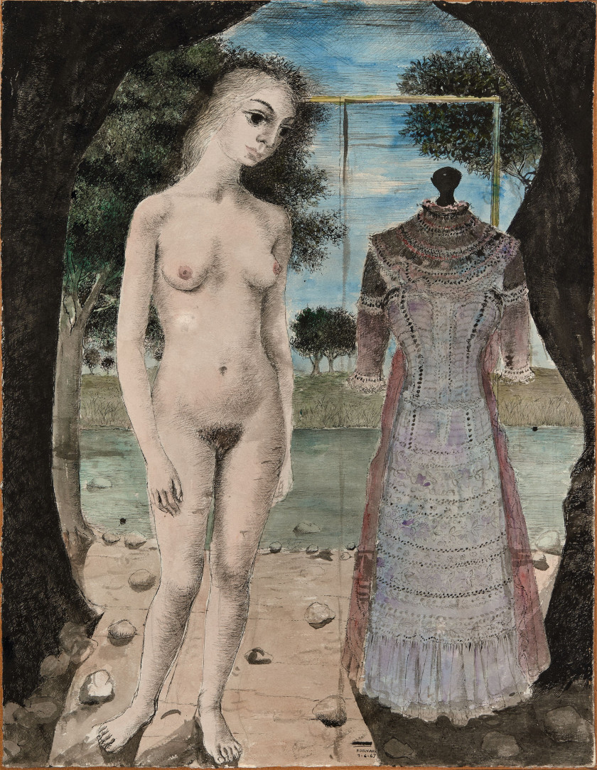 Paul DELVAUX 1897- 1994 La robe du dimanche - 1967 Aquarelle et encre sur papier