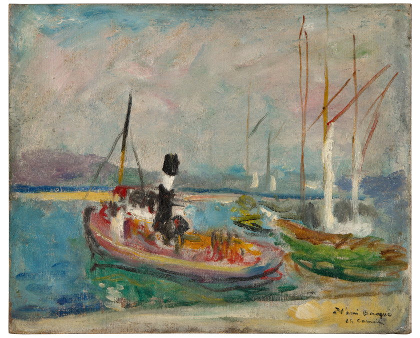 Charles CAMOIN 1879 - 1965 Bateaux ou Remorqueur et voilier dans le port de Saint-Tropez - circa 1928 Huile sur carton toilé